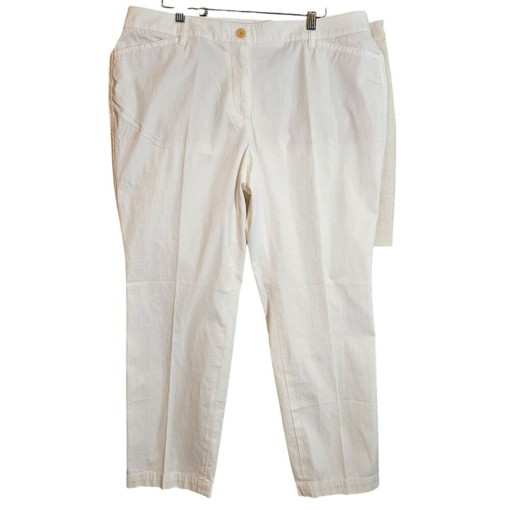 White Cotton-Blend Straight-Leg Womens Pants With Back & Side Pockets Button Clo